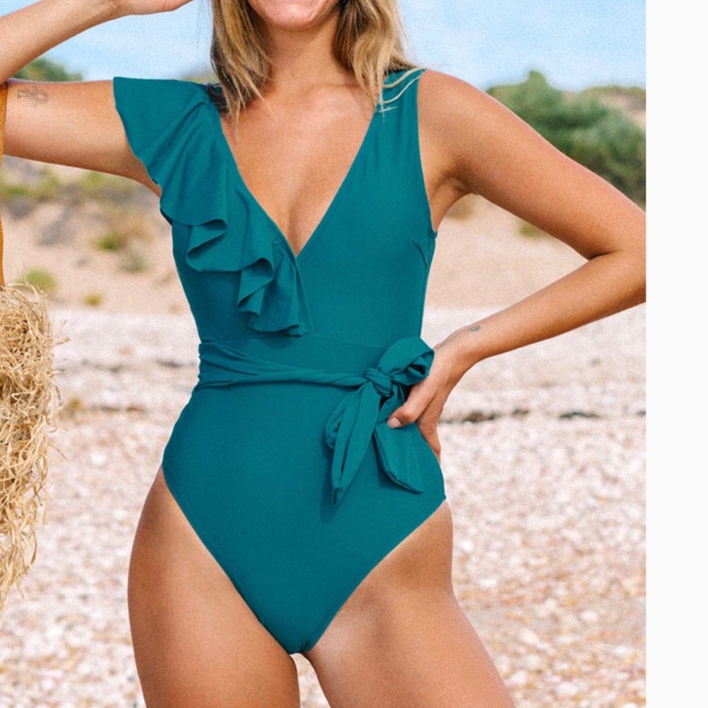 Turquoise Onepiece with one shoulder ruffle